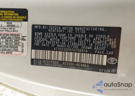 2007 Toyota Camry Solara Se z USA, uszkodzony, nr VIN 4T1CE30P67U756914